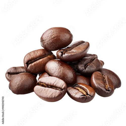 A small pile of roasted coffee beans is isolated against a white backdrop.