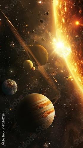 Obraz na płótnie Cosmic illustration with planets and stars against a bright sun, suitable for science articles, astronomy tutorials, sci-fi projects. w salonie