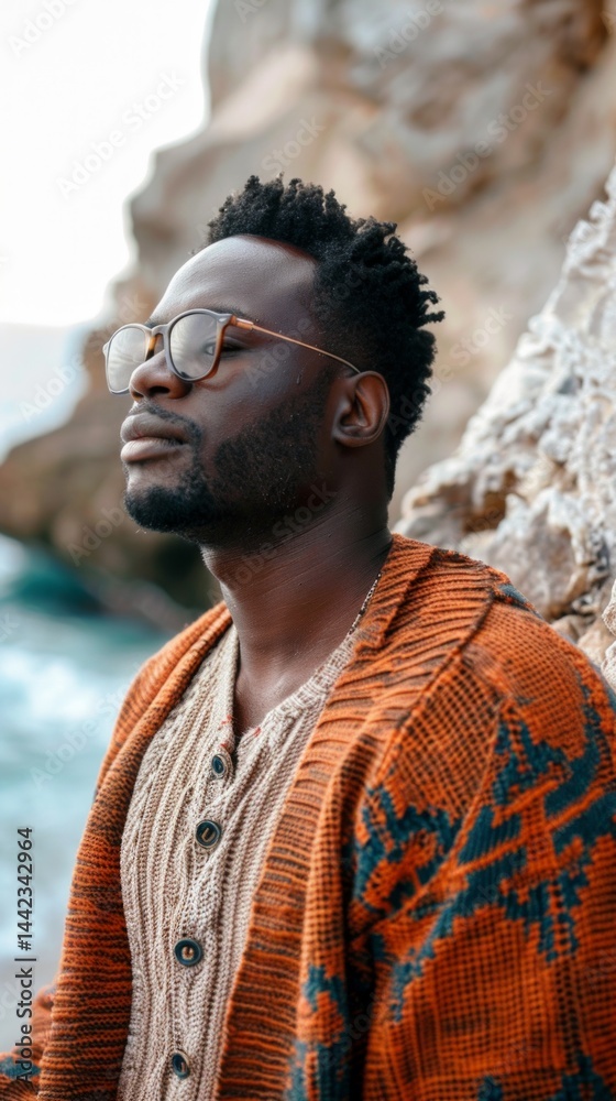 A man in glasses and sweater against a background of cliffs by the sea, great for fashion blogs, clothing ads, travel and lifestyle content.