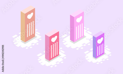 Digital isometric illustration with floating blocks and heart shapes showing love and affection