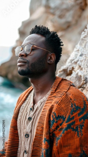 Obraz na płótnie A man in glasses and sweater against a background of cliffs by the sea, great for fashion blogs, clothing ads, travel and lifestyle content. w salonie