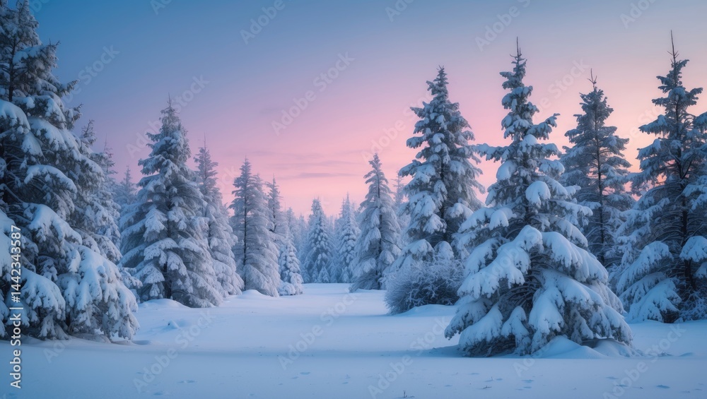 Naklejka premium Spectacular winter scenery. Fabulous nature. A thick layer of snow blankets the terrain and foliage. Dreamy winter landscape. Snow-draped branches juxtaposed with the clear sky post heavy snowfall.