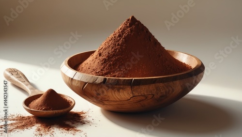 Cocoa powder and spoon displayed in a wooden bowl on a simple background. photo