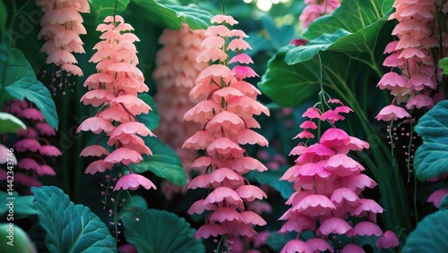 Intimate shot of the pink blossoms of the durable tuberous perennial garden plant.