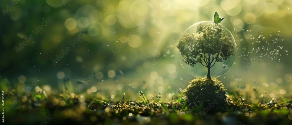 Magical scene with a tree inside a transparent bubble surrounded by greenery and glowing particles. Great background for creative projects, fantasy, digital art.