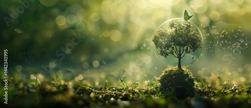 Obraz na płótnie Magical scene with a tree inside a transparent bubble surrounded by greenery and glowing particles. Great background for creative projects, fantasy, digital art. w salonie