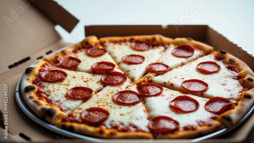 Close shot of pizza inside open cardboard box on white background