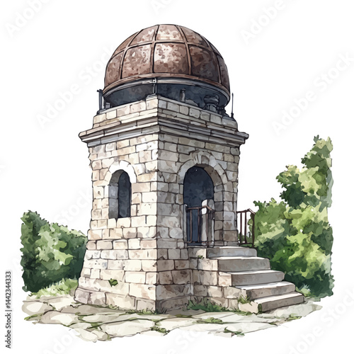 watercolor of Forgotten Observatory From An Ancient Civilization, isolated on a white background.