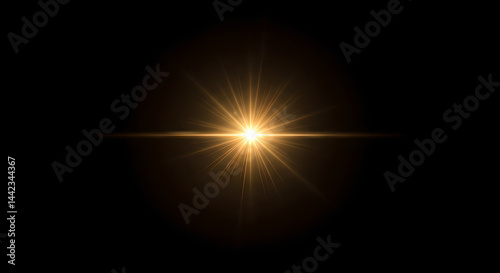 Golden starburst light effect overlay on black background, abstract bright sun ray element designed for graphic projects and photoshop edits and design