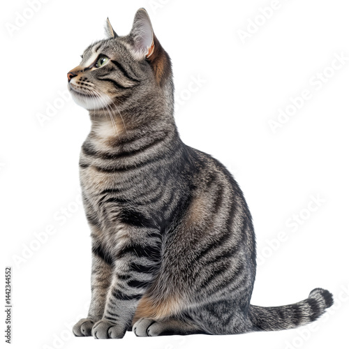 Obraz na płótnie Side view of a grey tabby cat sitting, looking left, showing detailed fur pattern, cut out, isolated on a transparent background, no shadow w salonie