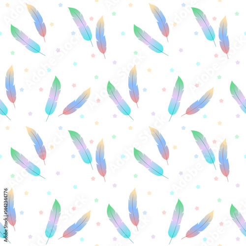 seamless pattern of fantastic gradient feathers with dots. square composition.