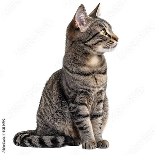 Side view of a grey tabby cat sitting, looking left, showing detailed fur pattern, cut out, isolated on a transparent background, no shadow