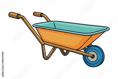 Orange wheelbarrow with blue wheel and green frame, representing outdoor work and construction, perfect for gardening and labour day or labor day projects