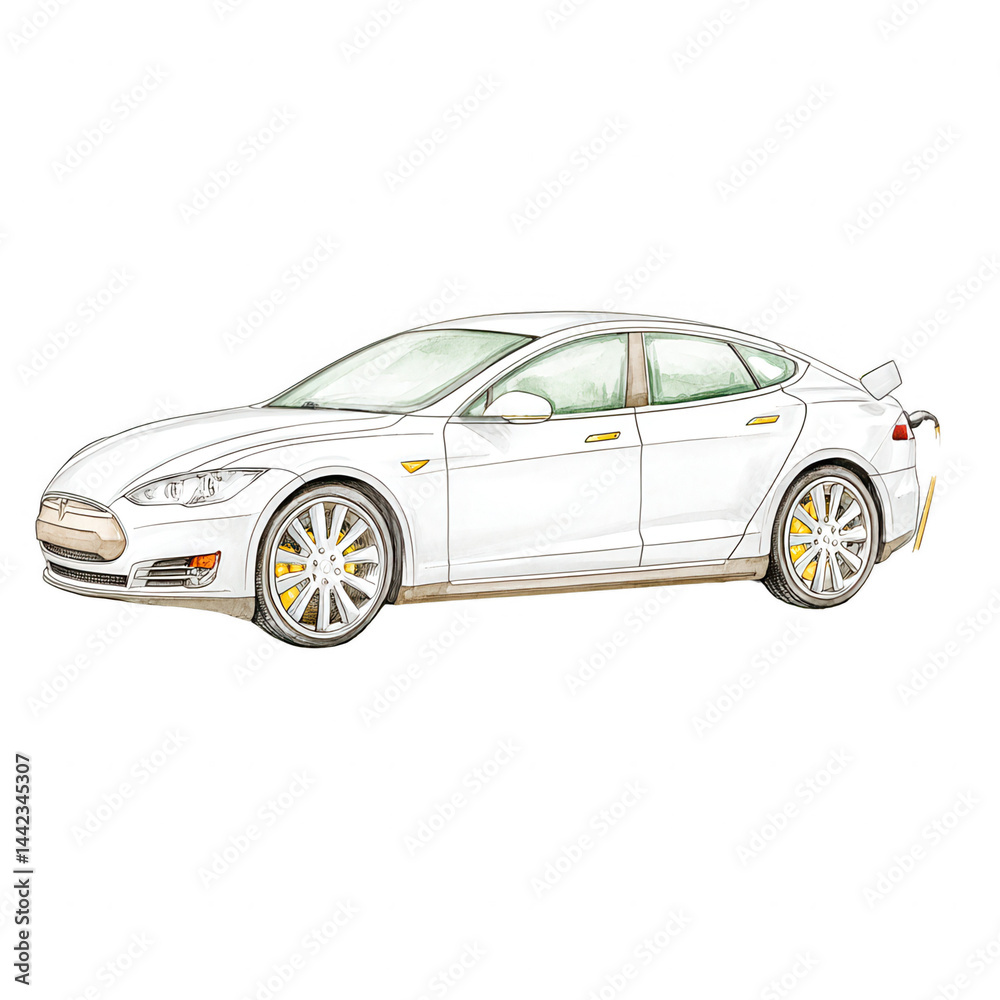 Fototapeta premium A white electric car is charging isolated against a white background.
