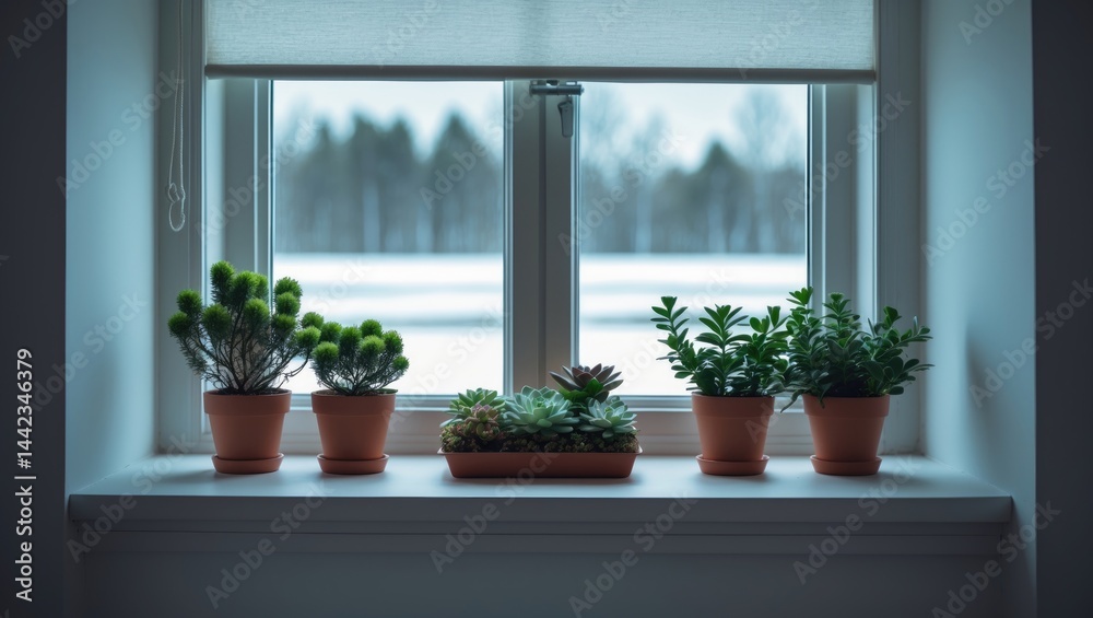 Windowsill adorned with flowerpots and a roller blind Windowsill adorned with flowerpots and a roller blind