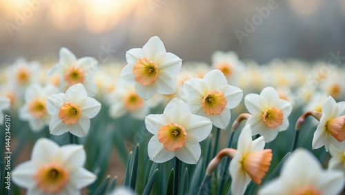 Springtime garden scene featuring white narcissus with yellow cores and a sprawling field of daffodils.