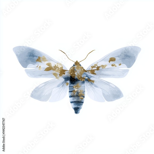 Watercolor painting of a moth with blue and gold wings, isolated on white background, representing nature, beauty, and elegance