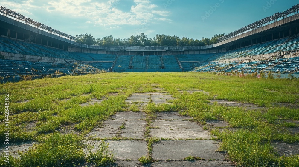 Fototapeta premium An empty sports stadium shows signs of neglect, with overgrown grass covering the field and abandoned seats in disrepair. The once vibrant venue now stands silent and forgotten