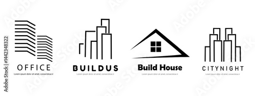 Clean house and city skyline logo for home building and construction branding