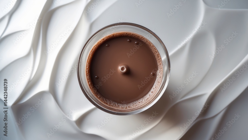 Bird's eye view of a chocolate milk puddle in a glass against a white backdrop