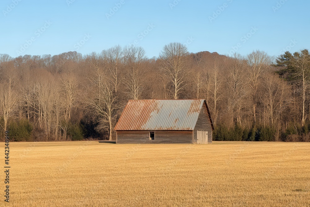 Fototapeta premium Rustic Barn in Sunlit Golden Meadow Surrounded by Trees