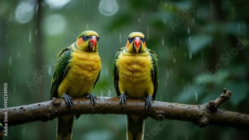 Wallpaper Mural Two vibrant parrots share a moment under gentle rain, showcasing nature's beauty and connection among wildlife. Torontodigital.ca