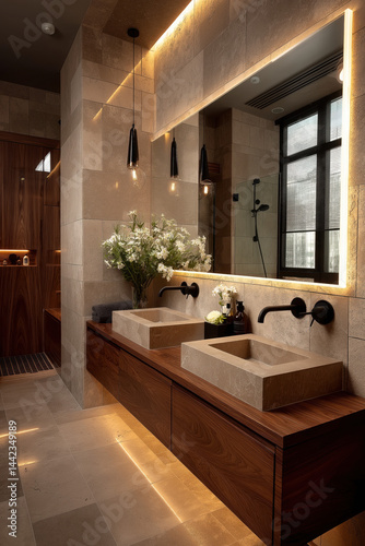 Salle de bain design avec double vasque moderne et meuble en bois clair, ambiance naturelle lumineuse et décoration végétale