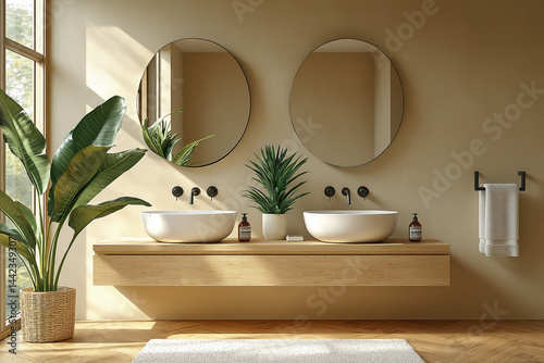 Salle de bain design avec double vasque moderne et meuble en bois clair, ambiance naturelle lumineuse et décoration végétale