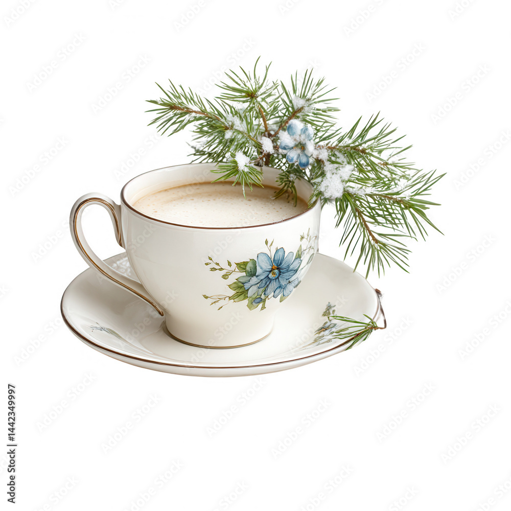 Fototapeta premium A cup of creamy beverage is presented with snowy pine branch decoration