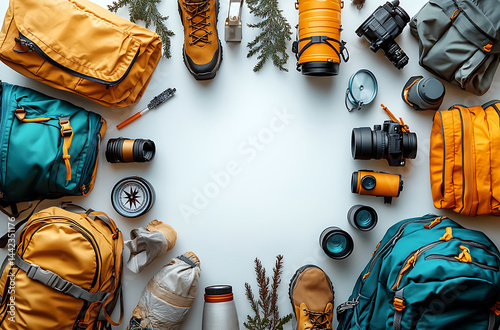 Outdoor Adventure Gear Backpacks Camera Lens Boots And Compass On White Background