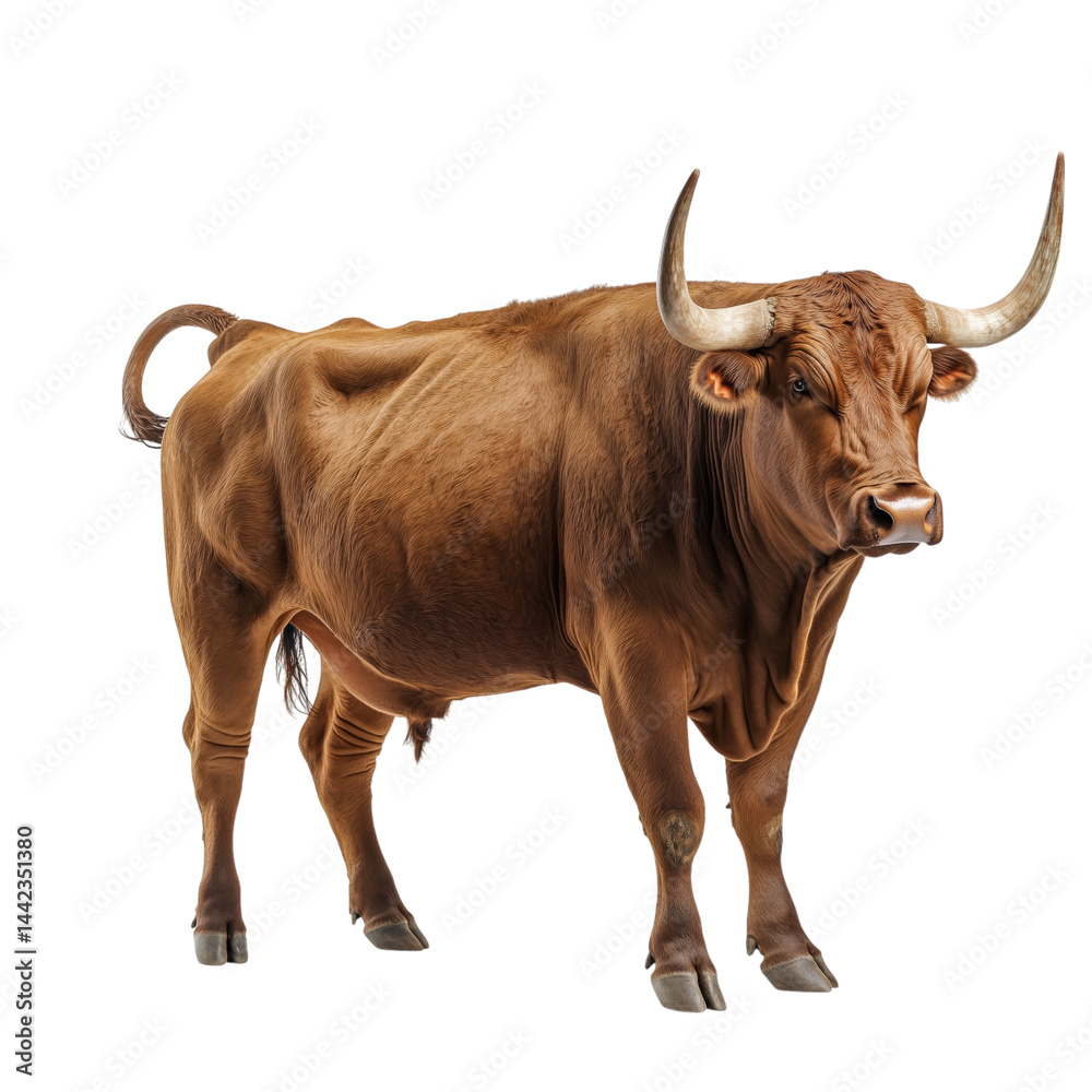 Side view of a muscular brown bull with large curved horns, standing and looking forward, cut out, isolated on a transparent background, no shadow