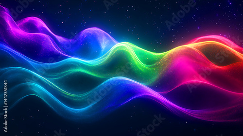 Abstract blue and colorful backgrounds evoke a sense of cosmic motion with glowing lines of light and color, suggesting a nebula or galaxy design