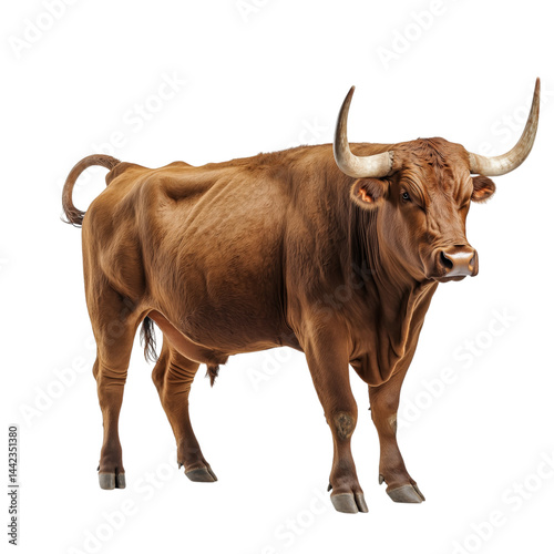 Side view of a muscular brown bull with large curved horns, standing and looking forward, cut out, isolated on a transparent background, no shadow