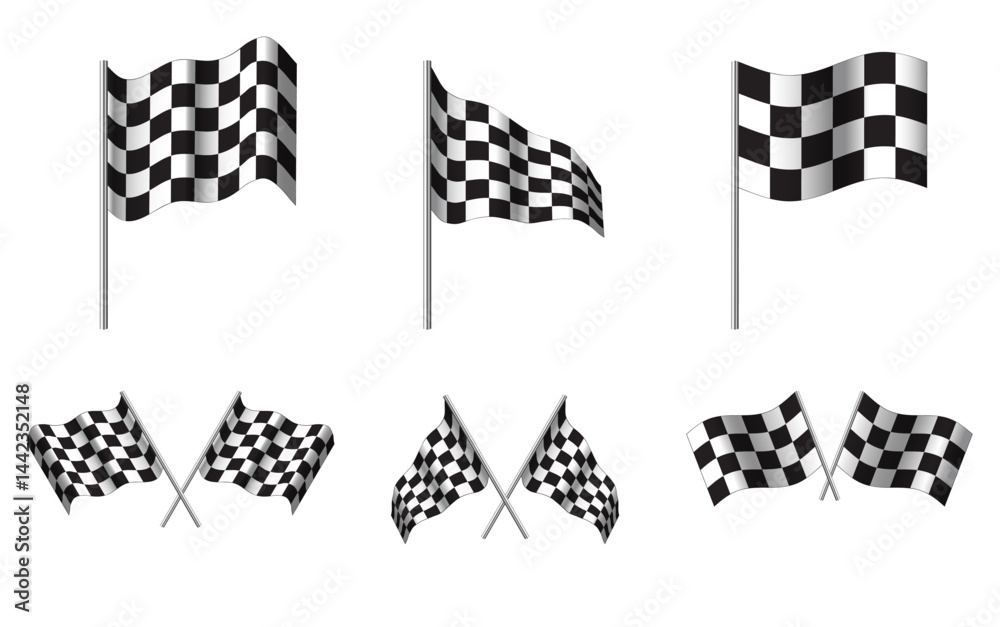 Checkered flags, vector set isolated on white