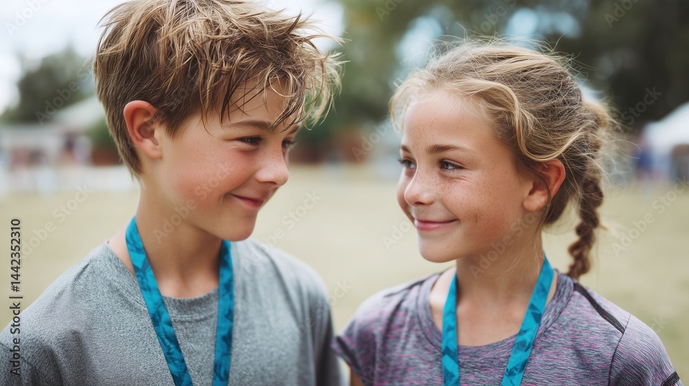 Two happy children wearing medals, smiling at each other after a school sport competition Two happy children wearing medals, smiling at each other after a school sport competition
