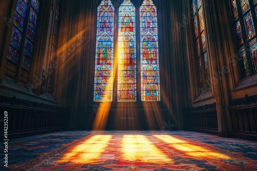 Ornate stained glass window casting colorful light in medieval chapel interior
