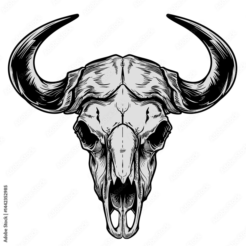 Buffalo Bull Scull illustration in the tattoo style isolated on white