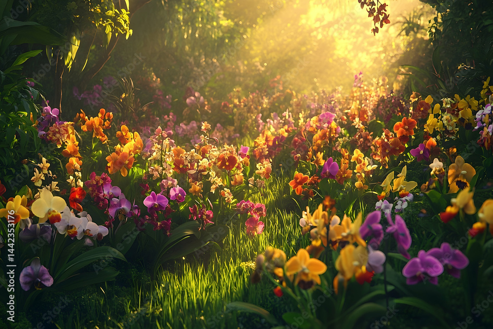 Obraz premium Radiant path through a vibrant orchid garden.