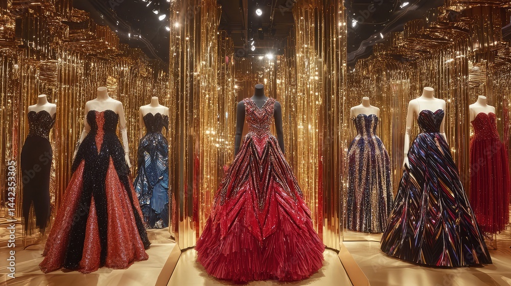 Fototapeta premium Gowns with intricate beadwork displayed on mannequins surrounded by a golden stage