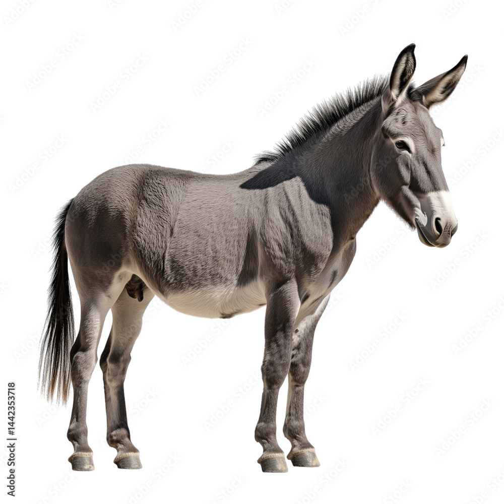 Side view of a light gray donkey with short fur and upright ears, standing calmly, cut out, isolated on a transparent background, no shadow.