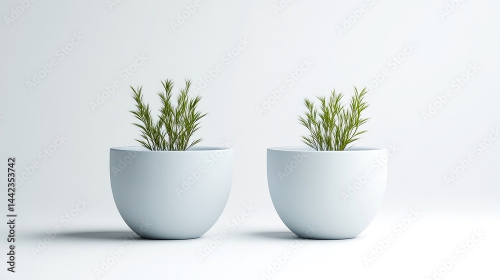 Fototapeta premium Plants in Modern Bowls Minimalist Style High Resolution Photography Symmetrical Arrangement Simple Design Peaceful Scene White Background Serene Mood Ideal for Home Decor