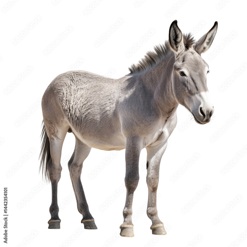 Side view of a light gray donkey with short fur and upright ears, standing calmly, cut out, isolated on a transparent background, no shadow.