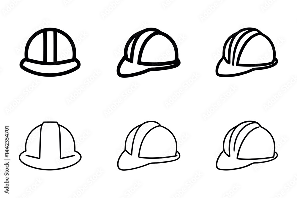 Set of construction safety helmets for workers, hard hat icons, protection headgear, design for safety concept, black and white hard hats, labour day or labor day line art icon set Set of construction safety helmets for workers, hard hat icons, protection headgear, design for safety concept, black and white hard hats, labour day or labor day line art icon set