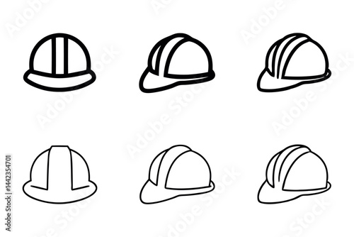 Set of construction safety helmets for workers, hard hat icons, protection headgear, design for safety concept, black and white hard hats, labour day or labor day line art icon set