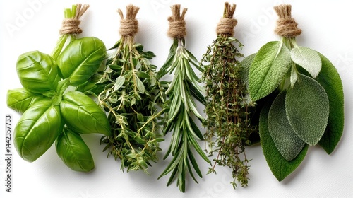 a collection of fresh herbs including basil, rosemary, and thyme on a white isolated background, aromatic and healthy look