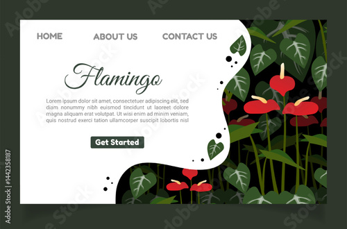 Flamingo-inspired tropical web layout with red flowers and dark green leaves