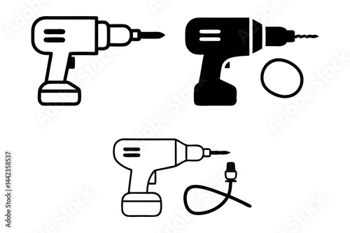 A collection of drill machine illustrations in different designs, ideal for icons, digital projects, and tool related themes, labour day or labor day line art icon set