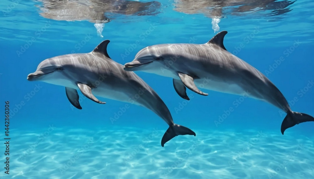 Fototapeta premium Two Dolphins Swimming in Clear Blue Ocean Water
