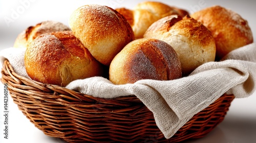 a basket of fresh bread loaves on a white isolated background, warm and inviting design