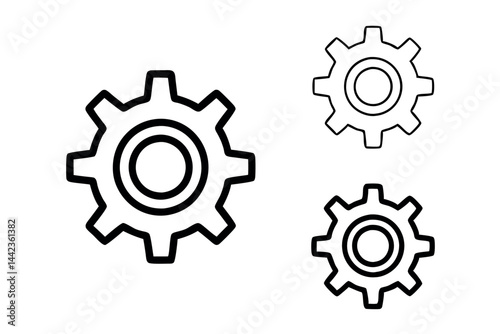 Set of gears and cogwheels in various sizes, black and white line icons, ideal for representing engineering, mechanism, and industry concepts labour day or labor day line art icon set